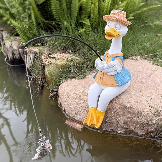Garden Duck Outdoor Fishing Koi Statue, Goose Statues Decorations for Yard 9.7'' Fishing Duck Sculpture Garden Decor, Fishing Guy for Waterfalls or Koi Pond Decor, Gifts for Women, Mom or Birthdays
