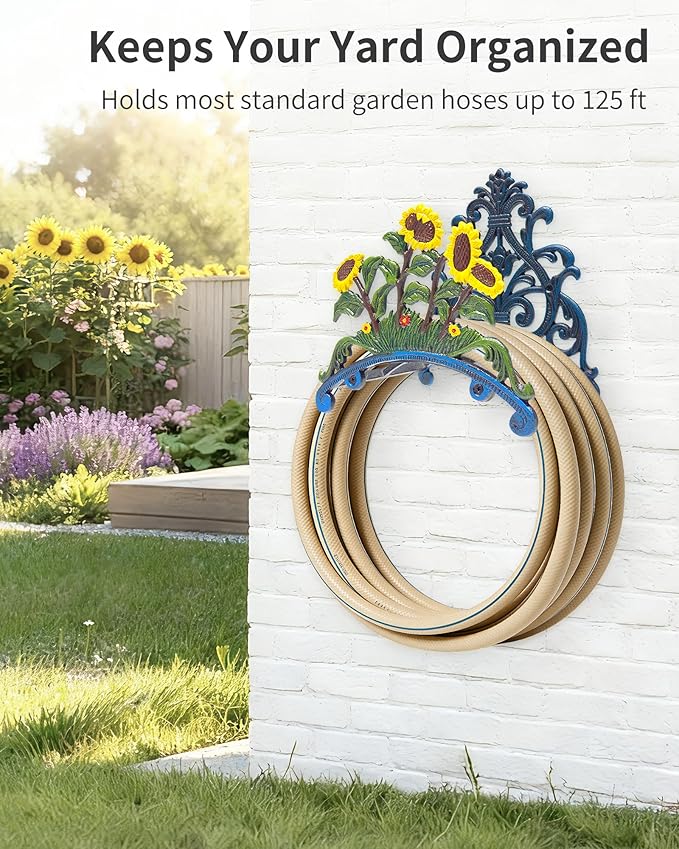 Cast Iron Garden Hose Holder Wall Mount, Rustic Heavy Duty Water Hose Hanger, Decorative Vintage Hose Reel Organizer for Outside Garden Yard Patio, Painted Sunflower Design