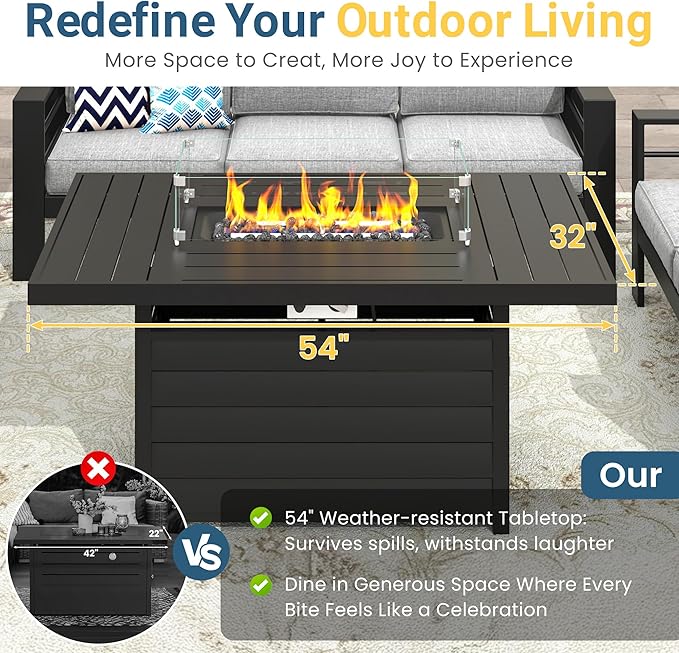 Wisteria Lane Aluminum Patio Furniture Set, 4 Piece Metal Outdoor Sofa Set with 54-INCH CSA Certified Propane Gas Fire Pit Table (Light Grey)
