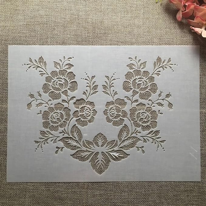 TIAMECH A4 Reusable Rose Branch Stencil for Painting - Flower Leaves Layering Template, DIY Wall Art, Wood Furniture, Scrapbook & Crafts (8.3x11.7inch)