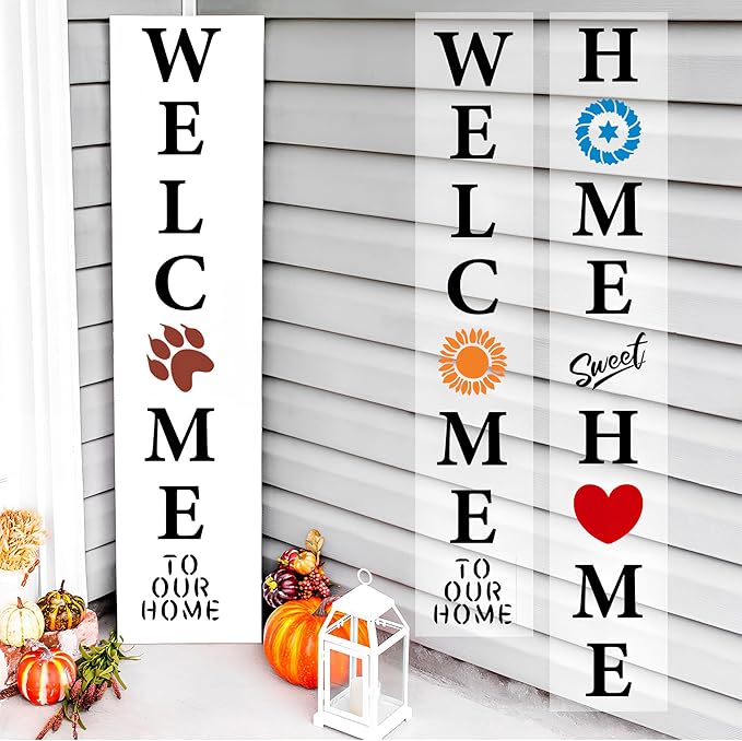 Welcome Stencils Set for Painting on Wood, Seasonal Letter Templates with Spring Summer Fall Winter Designs – 22 PCS Large PET Stencils for DIY Crafts, Signs, Home Décor, Porch, and Card Making