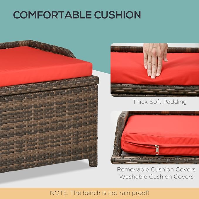 Outsunny 34 Gallon Outdoor Wicker Storage Bench Deck Box, PE Rattan Patio Furniture Pool Storage Bin Container with Interior Waterproof Cloth Bag and Comfortable Cushion, Red