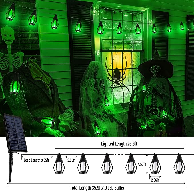 iBaycon Solar Halloween Lights, 27Ft 10 LED Bulbs Flickering Flame String Light, Outdoor Waterproof Solar Flame Lights for Garden Yard Patio Halloween Decorations (Green)