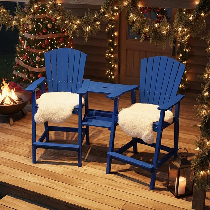 Tall Adirondack Chairs Set of 2, HDPE Outdoor Adirondack Chairs with Double Connecting Tray, Bar Height High Back Patio Chairs for Balcony, Deck, Backyard (Navy Blue, 2-PC Bar Chair Set)