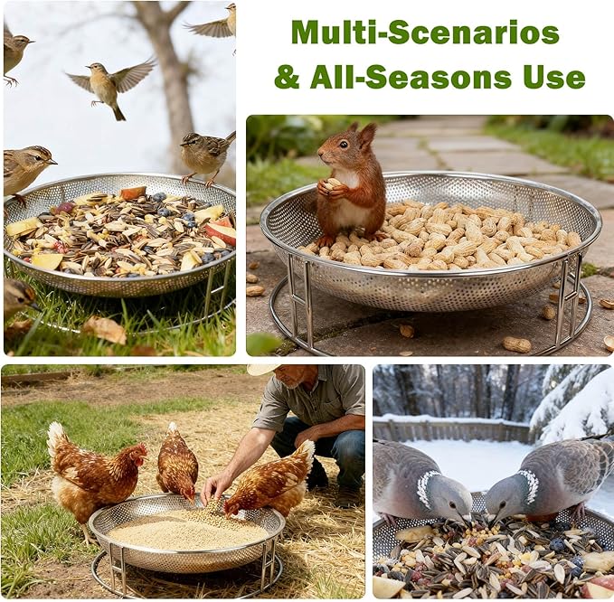 13-Inch Ground Bird Feeder, Stainless Steel Ground Feeding Platform for Wild Birds, Squirrels, Rabbits, Chicken with Additional Birdseed Feeder Tray, Attract Creatures for Backyard, Patio