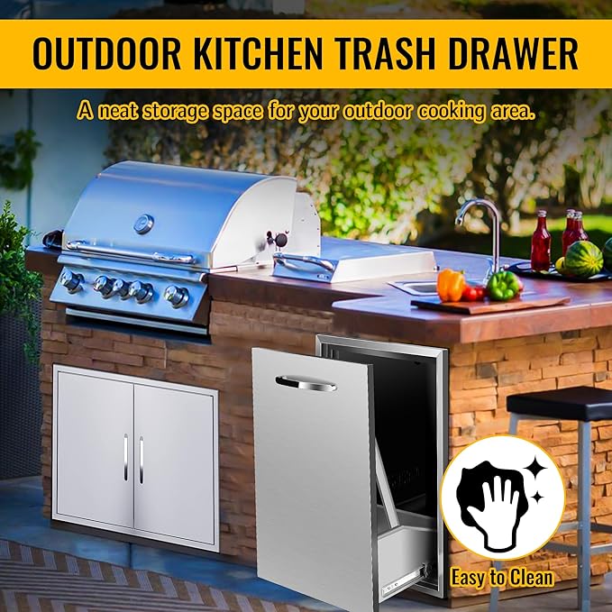 Built-in Double Trash Drawer 16" W x 22.3" H x 18" D, Pull-Out Tray Outdoor Kitchen Stainless Steel Trash Drawer Storage Two Trash Bins for BBQ Island Grill Station