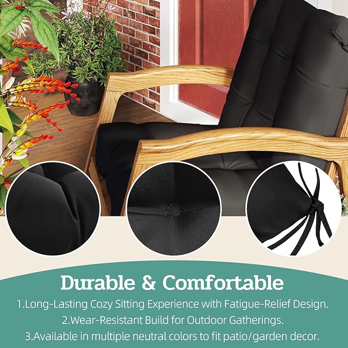 Outdoor Chair Cushion, 42x21x4 Inch Patio Cushions for Dining/Rocking Chairs, High Back Soft Seat Pad with Ties, Indoor Outside Use, Fade-Resistant & Waterproof, Black