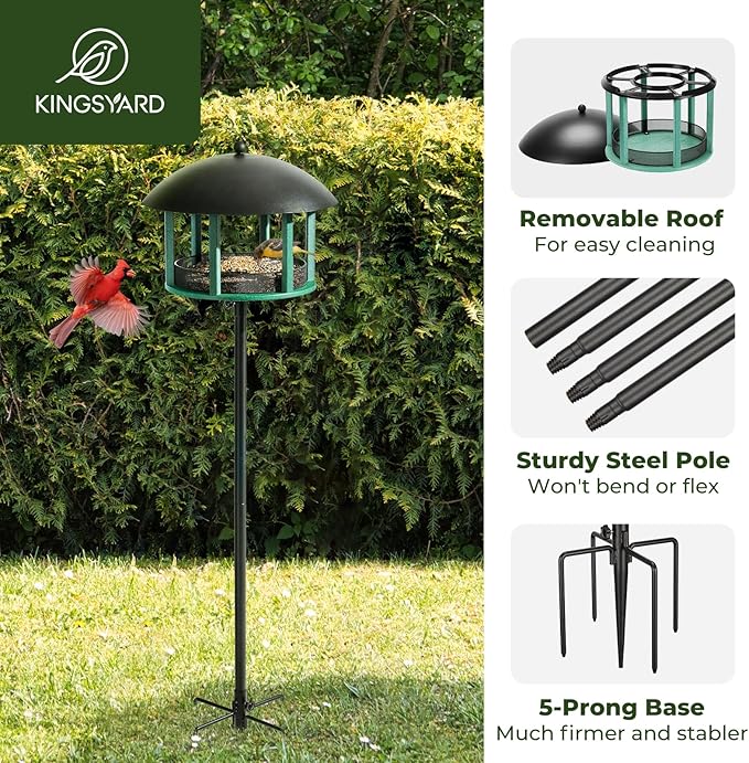 Kingsyard Large Platform Bird Feeder for Outside, Tray Bird Feeder with Weather Protective Dome & Universal Pole Kit, 5 lbs Seed Capacity, Green