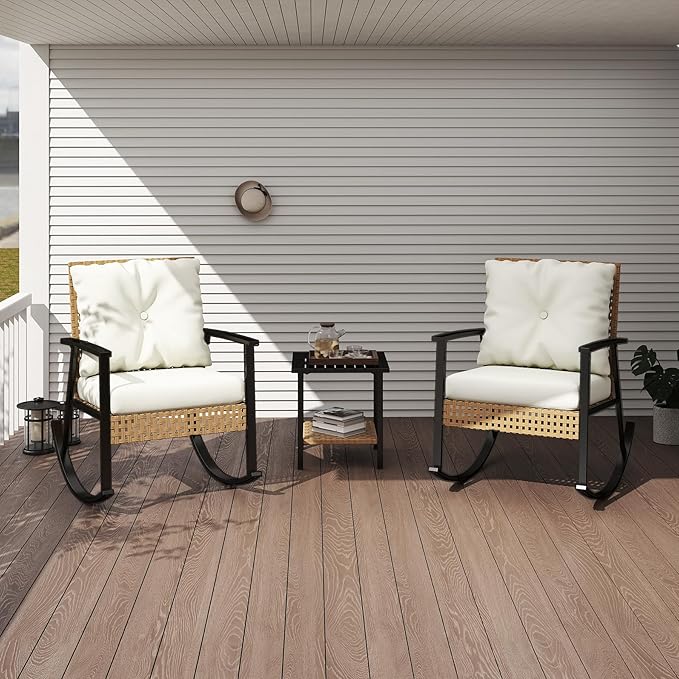 LEX CRAFT 3 Piece Outdoor Rocking Chairs, Outdoor Patio Furniture Set with Thick Cushion and Coffee Table Rattan Rocking Bistro Set for Grand Porch Balcony Garden (Beige)