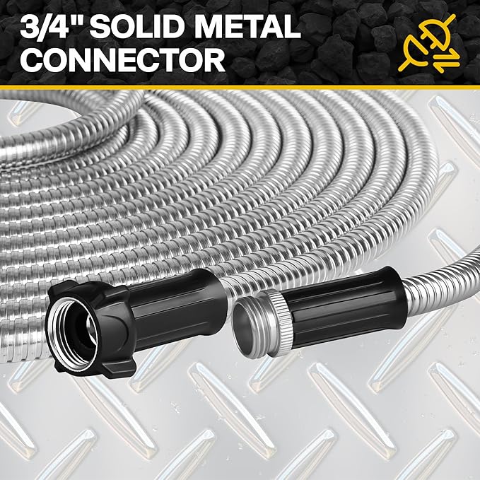 Metal Garden Hose 50ft Heavy Duty Stainless Steel Water Hose with Sprayer & Metal Fittings Flexible Lightweight Hose Puncture Proof Hose for Yard, Outdoors, Rv