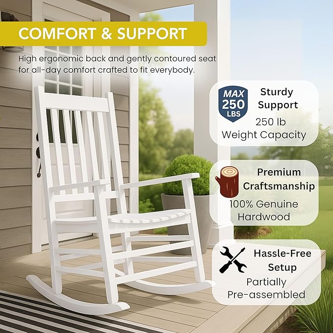 Shine Company Vermont Porch Rocker, High Back Wood Rocking Chair, White