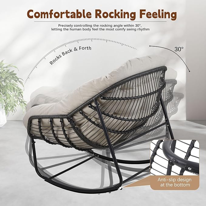 Oversized Rocking Chair Outdoor, Rocking Papasan Chair, Patio Egg Chair with Padded Cushion, Outdoor Wicker Rocking Chair for Front Porch, Garden, Patio(Beige)
