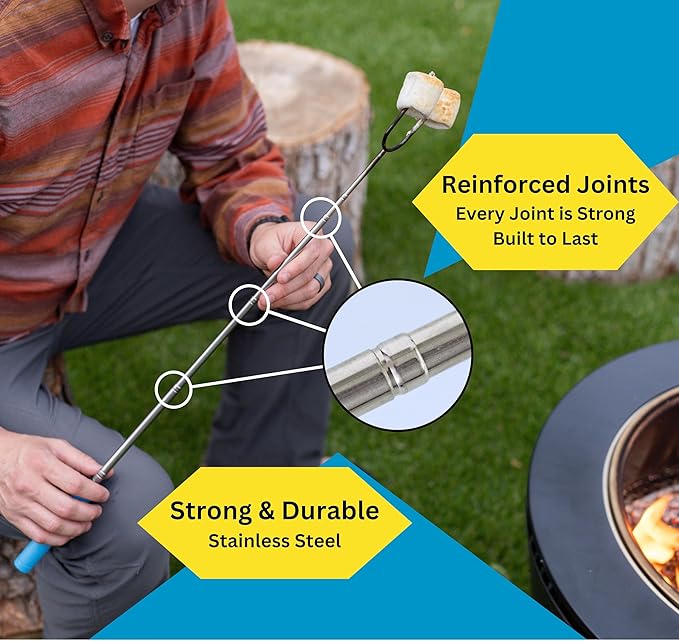 Smores Sticks for fire pit -Set of 6- Extra Strong Extendable Marshmallow Roasting Sticks w/Reinforced Joints -Rotating Stainless Steel Marshmallow sticks for fire pit, Hot dog Sticks for Campfire
