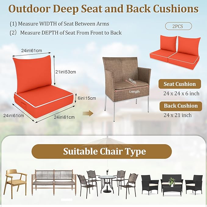 Outdoor Deep Seat Cushion Set, Fade Resistant Patio Chair Cushions, 24x24x6 Inch Patio Sofa Furniture Pad with Removable Cushion Covers (Orange + White Side, 24''Lx24''Wx6''H-2pcs Set)