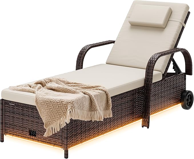 DWVO LED Outdoor Lounge Chairs, Patio Wicker Chaise Lounge Chair with LED Lights & 5-Level Backrest, Wheels and Storage for Deck, Pool, Backyard, Brown & Beige