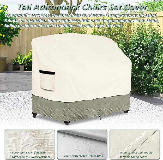 Tall Adirondack Chairs Set Cover for Poly Balcony Chair with Connecting Tray Patio Stools,100% Waterproof Heavy Duty Tall Outdoor Adirondack Chair Table Covers, Beige