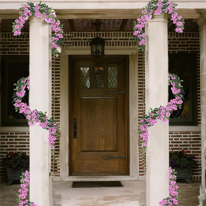2 Pcs Artificial Flowers Garland for Outdoors Purple Faux Gardenia Garland 12Ft Silk Rose Hanging Vines Floral for Wedding Arch Party Wall Garden Ceremony Backdrop Fence Spring Decor