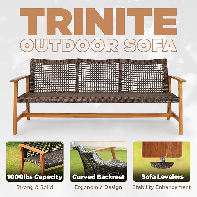 Idzo Trinite 1000lbs Capacity Acacia Outdoor Sofa, FSC Certified 3 Seater Patio Couch with Upgraded 2000Hours UV Resistant Wicker, Teak Finish Furniture Set