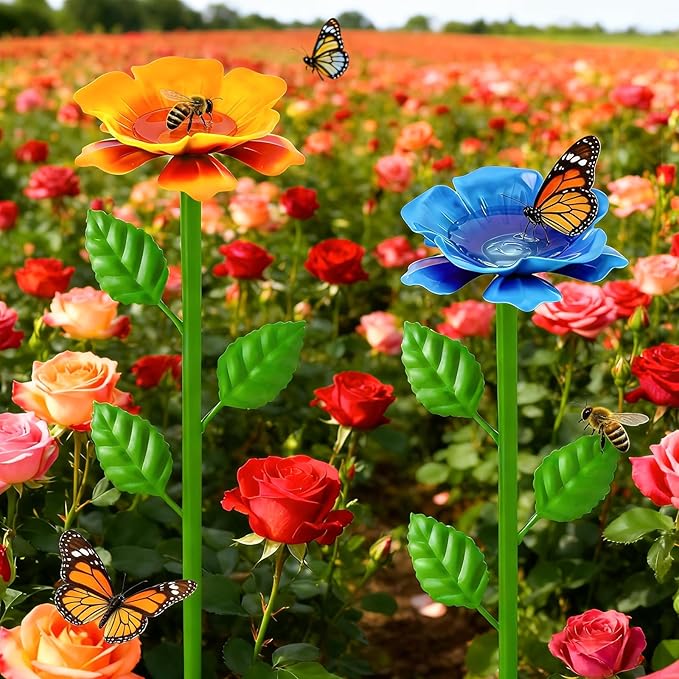 2 Pack Bee Watering Station, Metal Bee Water Station with Flower Design Colorful Butterfly Bath Bowl Drinking Feeder Cups for Outdoor Garden Yard Decor (Blue,Yellow)