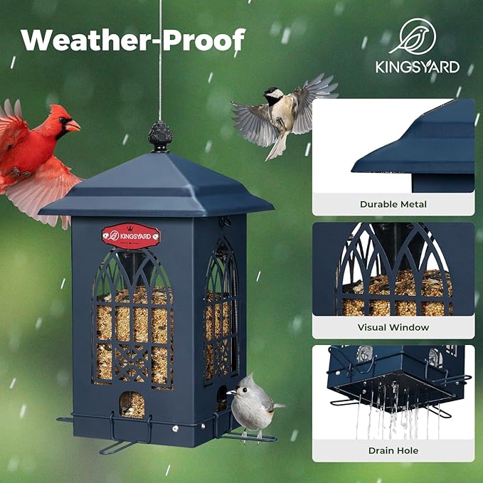 Kingsyard Squirrel Proof Bird Feeders for Outdoors with Weight-Activated Perches, 5 Lbs Capacity Large Metal Bird Feeder House for Small Wildbirds Cardinal Finch Bluebird, Weatherproof, Blue