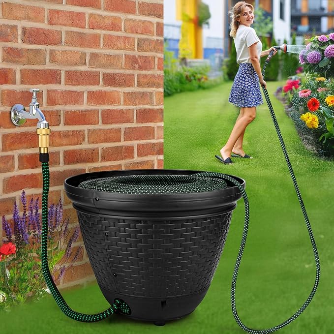 Riokko Garden Hose Holder Pot, Decorative Wicker Hose Holder, Water Hose Storage for Outside/Garage, Hose Box Fits 100-400 FT Hoses with 5 Drain Holes, Large Capacity & Assembly Required, Black