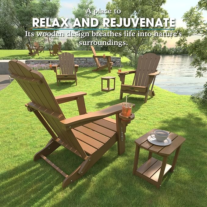 Folding Adirondack Chair Set of 2,HDPE All-Weather Outdoor Chair with Cup Holder,Wooden Textured,Fire Pit Chair,Plastic Patio Chair for Deck,Backyard,Garden,Lawn(Wood)