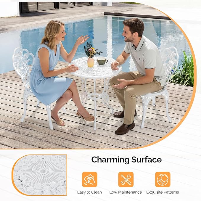 VINGLI 3 PCS Outdoor Bistro Set, Outdoor Patio Set, All-Weather Cast Aluminum Bistro Table Set, Bistro Table and Chairs Set of 2 for Backyard, Garden, Balcony (White, Rose)