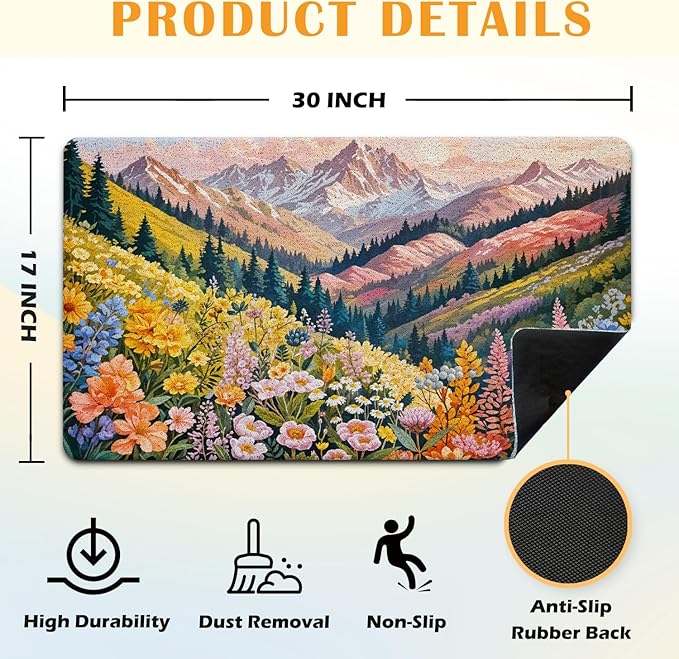 JINYO Watercolor Boho Door Mat, Cottagecore Wildflower Mountain Aesthetic Colorful Welcome Mat Doormat for Front Door Porch Indoor Outside Entrance Entryway, 17x30 Inch