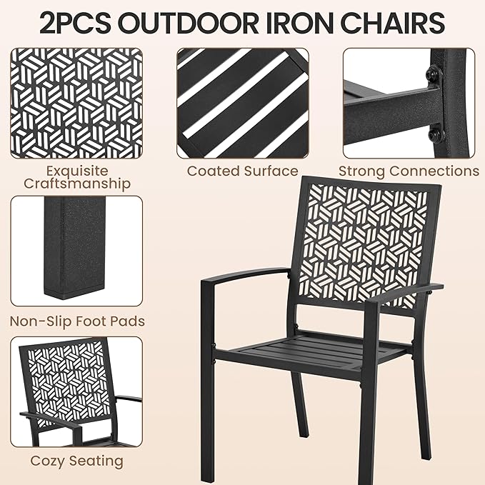 Yaheetech Outdoor Patio Dining Chairs Set of 2 with Armrests and Metal Frame, Stackable Heavy-Duty Metal Black Outdoor Chairs for Garden, Lawn and Yard