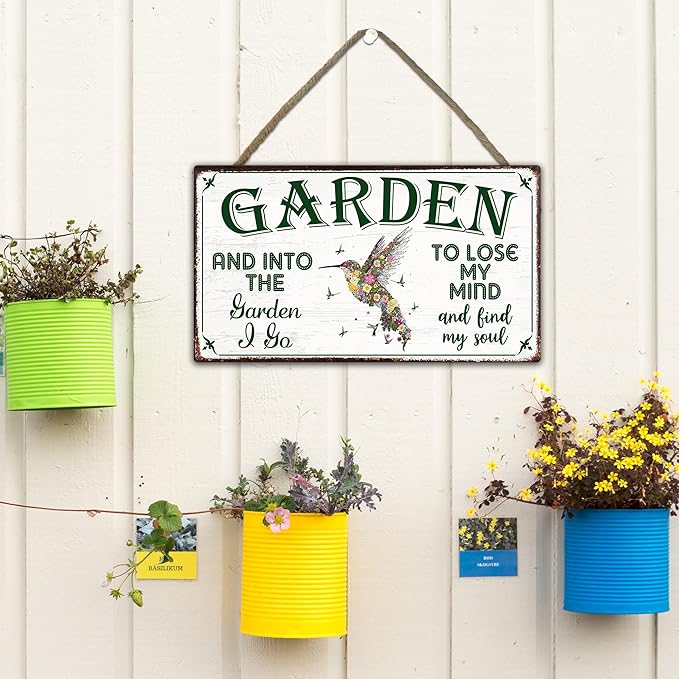 Into The Garden To Lose My Mind Garden Sign - Retro Wooden Hanging Spring Decor for Country Rustic Garage Home Farmhouse Wall Fence Decor Gift for Mothers, Grandmas, and Plant Lovers -A05