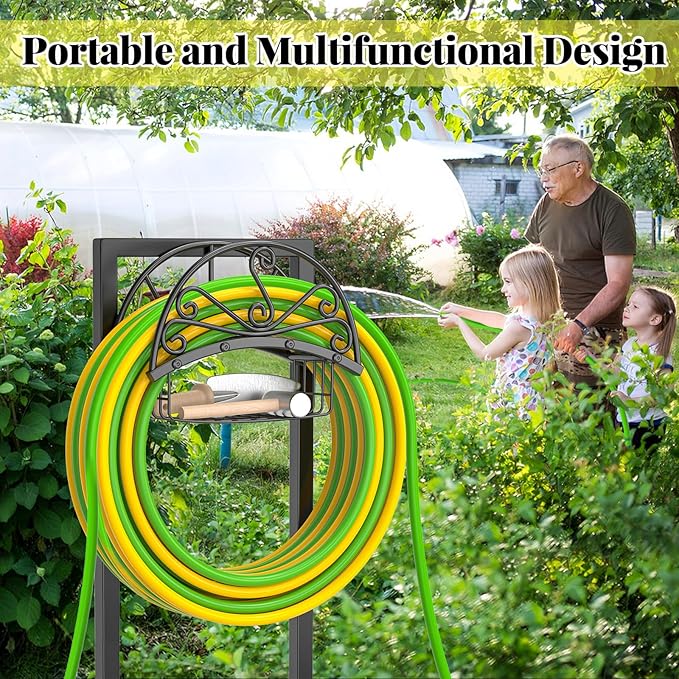 Garden Hose Holder,Heavy Duty Freestanding Detachable Storage Reel Stand,Upgraded 4 Spikes Hose Hanger for Outside Yard Lawn (Floral with Storage Basket)
