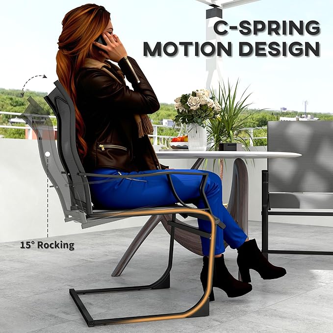 Outsunny Patio Dining Chairs Set of 2, Outdoor C Spring Dining Chairs Set w/High Back, Armrest, Breathable Fabric & Metal Frame, Heavy Duty Outdoor Chairs for Backyard, Deck, 256LBS, Light Gray