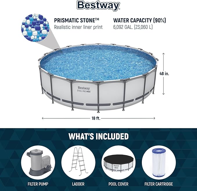 Bestway Steel Pro MAX 18' x 48" Above Ground Pool, Round Metal Frame Outdoor Swimming Pool Set with Filter Pump, Ladder, and Cover, Gray