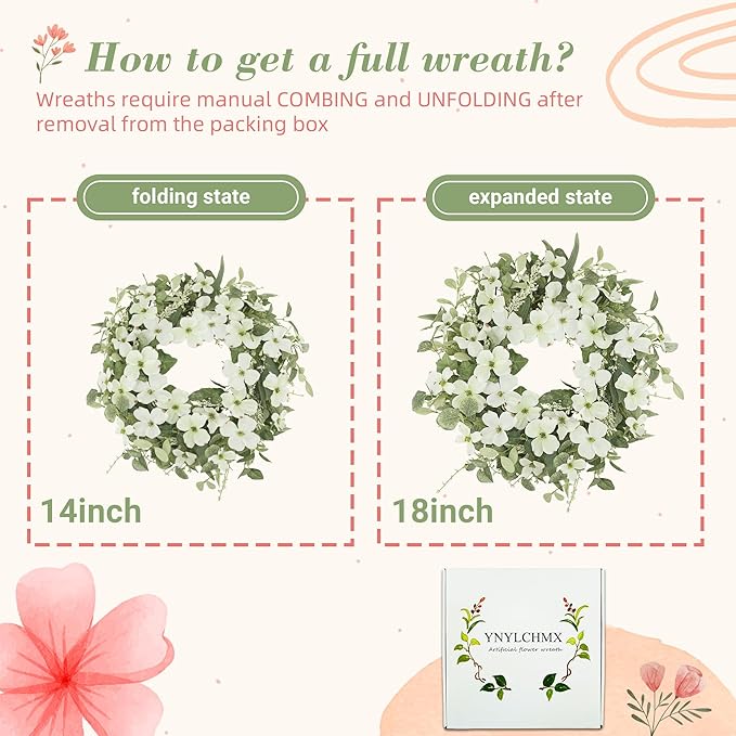 YNYLCHMX 18" Spring Summer Wreaths for Front Door, Artificial Floral Wreath with White Phalaenopsis Green Eucalyptus Leaves, Green Foliage Wreath for Wall Window Farmhouse Party Holiday Home Decor
