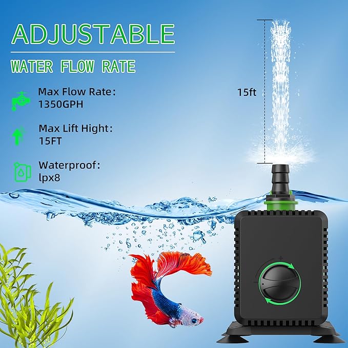 FREESEA Submersible Water Pump for Pond: 1350GPH 150W Fountain Pump with 6.6ft Tubing for Aquarium Fish Tank Waterfall Hydropoic