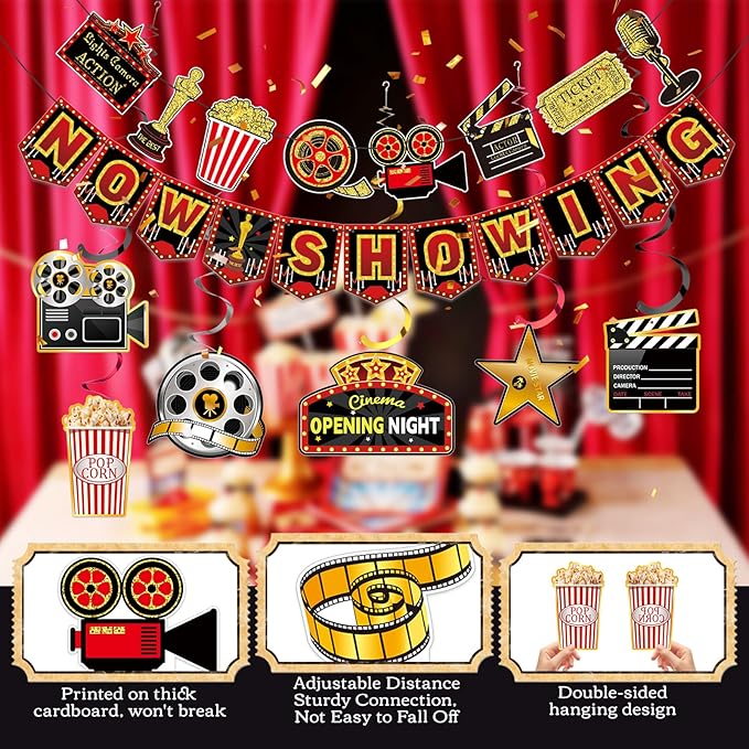Movie Night Party Decorations Hanging, Movie Birthday Banners, Party Supplies Decor Decorations Decoration Banner Microphone Ticket for Theater Birthday Women Men The Kids' Boys Girls