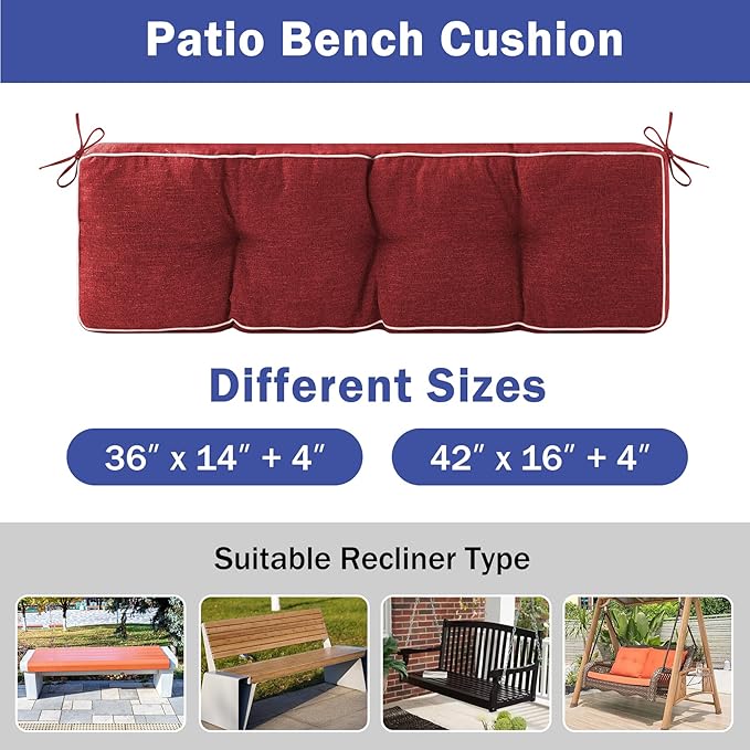 Bench Cushion, 42 x 16 Inch Patio Furniture Cushions with Durable Ties, Soft Memory Foam Bench Cushions for Indoor/Outdoor Furniture with Non-Slip Bottom, Kitchen&Dining, Red (Pack of 2)
