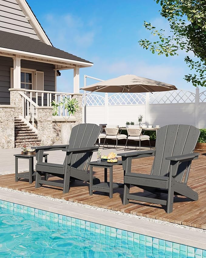 Modern HDPE Plastic Adirondack Chair - Oversize 380 LB Poly Lumber Weather Resistant Firepit Chair - Outdoor Patio Chairs with Wooden Textured for Garden, Backyard, Lawn, Deck, Pool, Porch - Grey