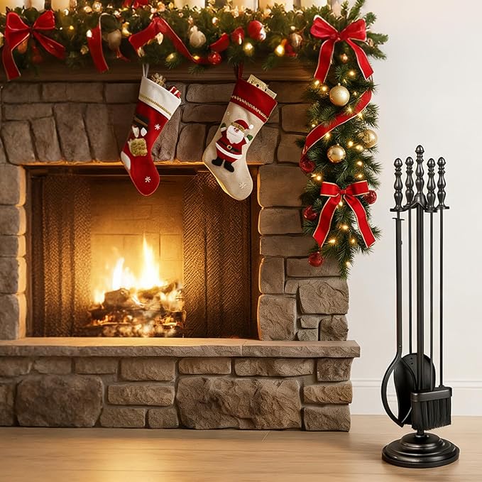Tangkula 5-Pieces Fireplace Tool Set, 4-in-1 Indoor Outdoor Fire Place Set Tools with Poker, Tongs, Brush, Shovel and Round Stand, Metal Firepit Tool Set with Aluminum Handles, Black