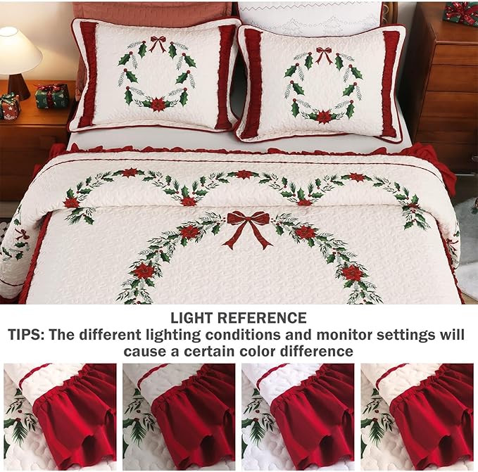 Cmfshape Poinsettia Floral Bedspread with 2 Pillow Shams-Queen Size,Patchwork Red Quilt Set 3 Piece,Christmas Bedding for Kids Women,Lightweight Reversible Bed Coverlet for All Seasons,Queen92 x96
