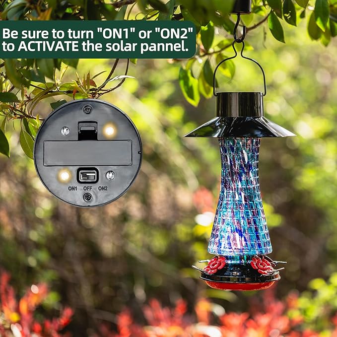 Muse Garden Solar Powered Hummingbird Feeder, 23oz Solar Lights Outdoor Garden Decor Ant and Bee Proof, Hand Blown Glass Lantern Gifts for Women Mom Birthday Unique, Blue