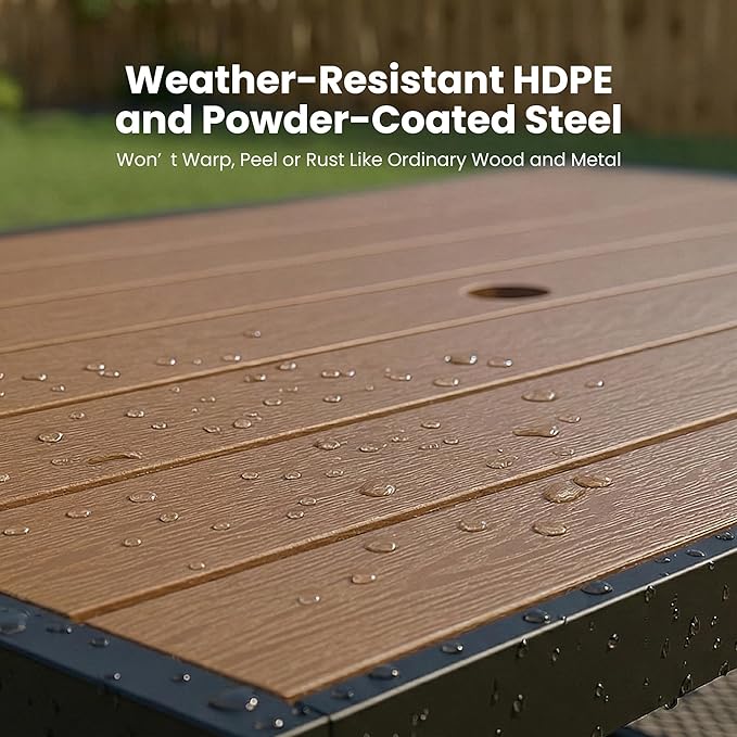 Outdoor Dining Set, 55" Picnic Table with Umbrella Hole & Storage Shelf, 3-Piece Set with 2 Movable Benches, All-Weather HDPE & Metal Frame for Backyard, Deck, Patio, BBQs & Garden