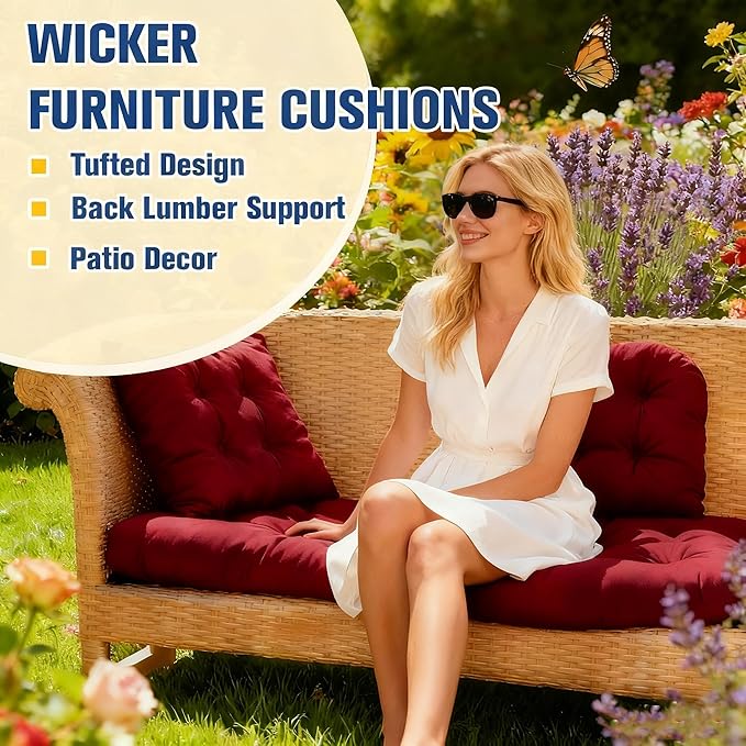 Patio Furniture Cushions Outdoor, Waterproof Wicker Chair Cushions Set of 3, 1 Loveseat & 2 Seat Pads, Thick Outdoor Replacement Cushions for Porch Lawn Bench Couch Sofa Swing, Burgundy