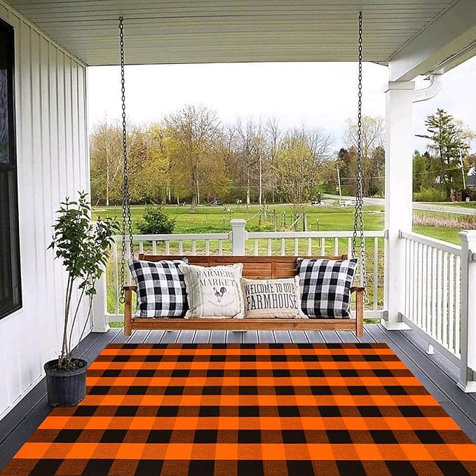 Fall Outdoor Rug Orange Buffalo Plaid Outdoor Rug Cotton Hand-Woven Buffalo Check Rug Layered Doormats for Front Door/Front Porch/Farmhouse/Entryway/Patio