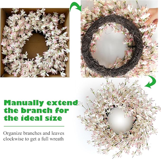 Spring Wreath for Front Door, 24 Inch Spring Forsythiaon Wreath Front Door Pink Forsythiaon Grapevine Wreaths for Festival Celebration Front Door Wall Window Decoration Home Decor