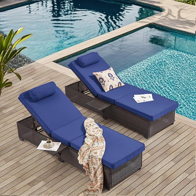 Outdoor Lounge Chairs, Pool Lounge Chairs Set of 2, Outdoor Chaise Lounge with Adjustable Backrest & Cup Holder,Blue