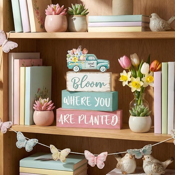 4 Pcs Spring Table Decorations Wooden Truck Floral Block Sign Rustic Flower Tabletop Centerpiece Farmhouse Distressed Easter Spring Decor for Home Office Desk Tiered Tray Decor