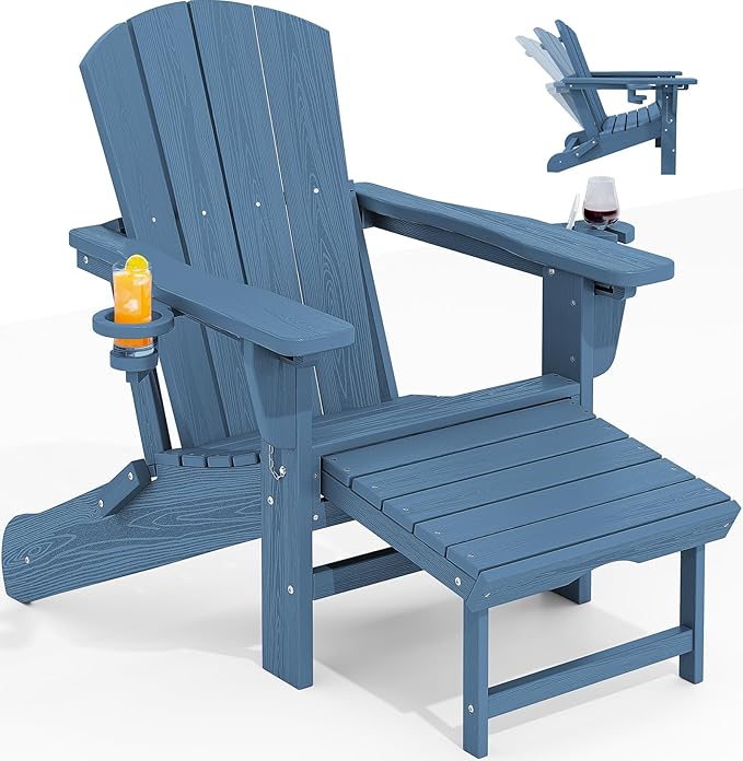 KINGYES Folding Adjustable Adirondack Chair with Retractable Ottoman, HDPE Recliner Adirondack Chair with Cup Holder, Blue