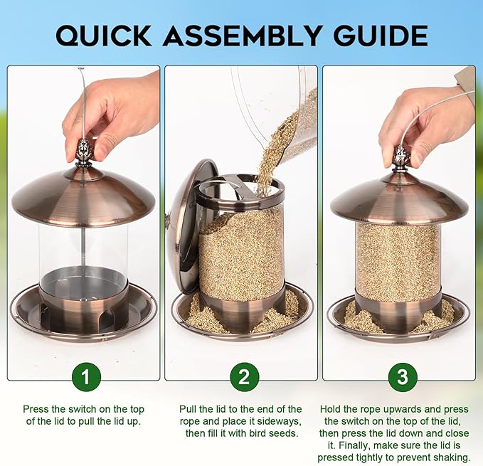 Metal Bird Feeders for Outdoors Hanging, Weather Resistant Wild Bird Feeder with 360 Degree Feeding Tray, Copper