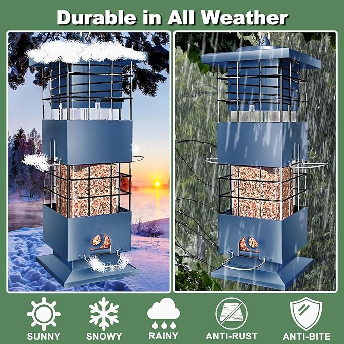 Squirrel Proof Bird Feeder,3Lbs Metal Birdfeeders Squirrel Proof with 4 Feeding Ports forOutdoors Hanging, Birdseed Feeder for Cardinal, Sparrow,Bluejay,Outside (Blue)
